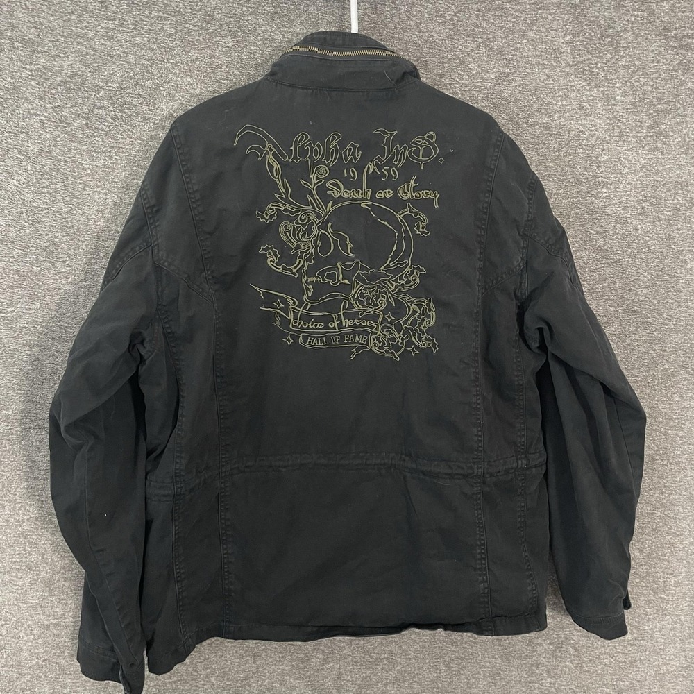 Alpha Industries Jacket Mens 2XL Black Canvas Military Skull Graphic Biker Rock